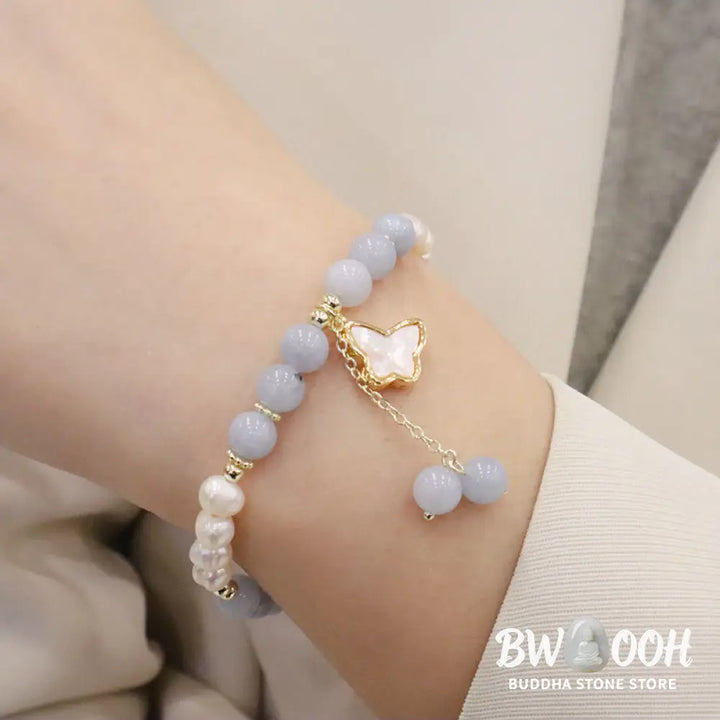 Buddha Stones Natural Aquamarine Pearl Healing Ginkgo Leaf Butterfly Charm Bracelet - BWOOOH - Bracelet