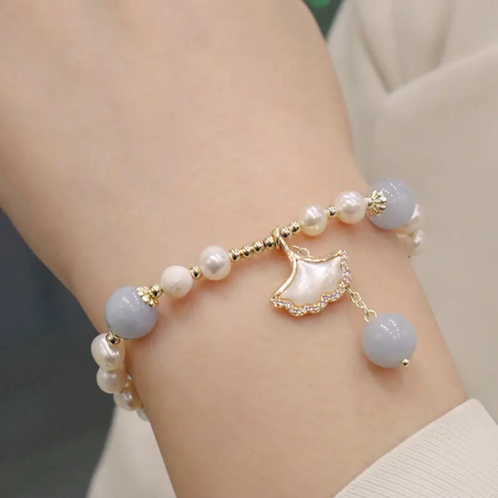 Buddha Stones Natural Aquamarine Pearl Healing Ginkgo Leaf Butterfly Charm Bracelet - BWOOOH - Pearl Aquamarine Ginkgo