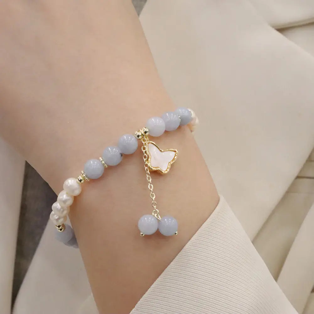 Buddha Stones Natural Aquamarine Pearl Healing Ginkgo Leaf Butterfly Charm Bracelet - BWOOOH - Pearl Aquamarine