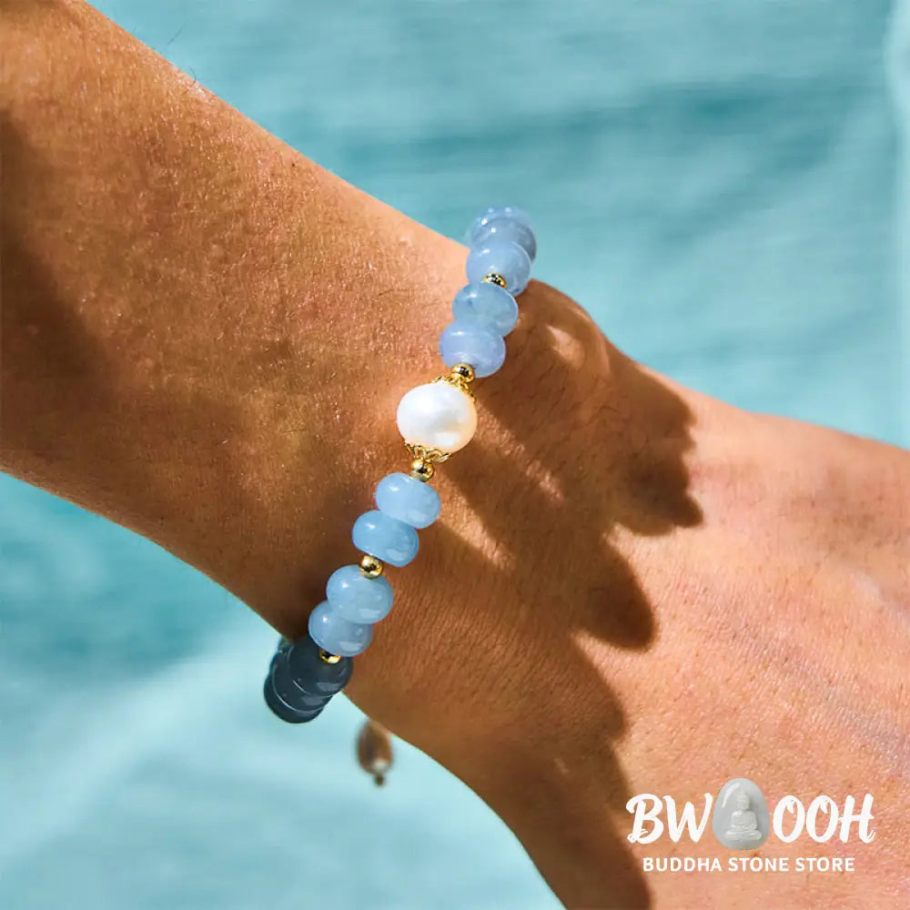 Buddha Stones Natural Aquamarine Pearl Shell Healing Bead Bracelet - BWOOOH - Aquamarine(Wrist Circumference: 15-16cm)