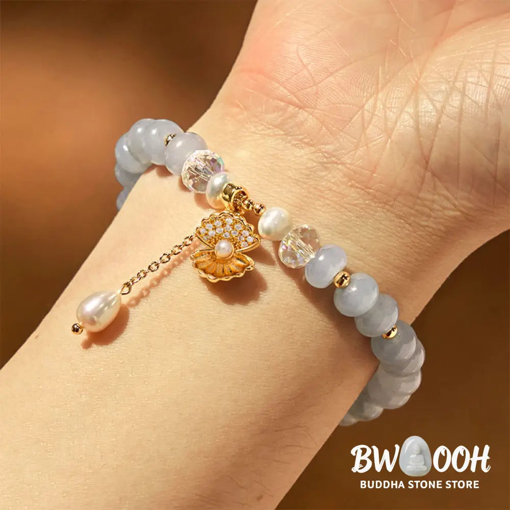 Buddha Stones Natural Aquamarine Pearl Shell Healing Bead Bracelet - BWOOOH - Aquamarine(Wrist Circumference: 15-16cm)