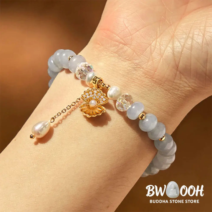 Buddha Stones Natural Aquamarine Pearl Shell Healing Bead Bracelet - BWOOOH - Aquamarine(Wrist Circumference: 15-16cm)