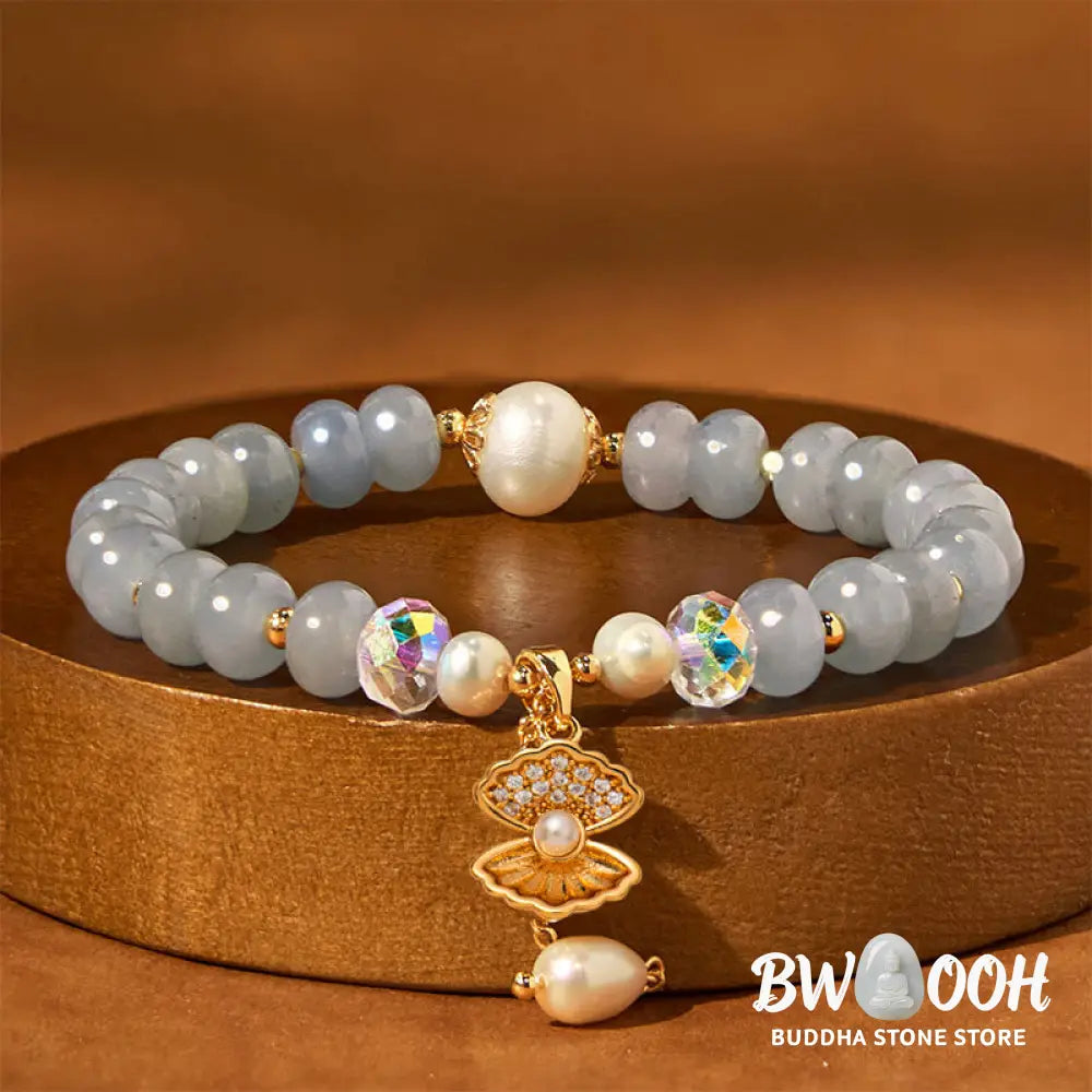 Buddha Stones Natural Aquamarine Pearl Shell Healing Bead Bracelet - BWOOOH - Aquamarine(Wrist Circumference: 15-16cm)