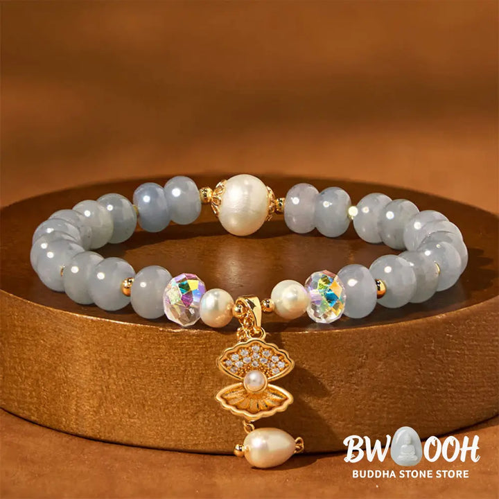 Buddha Stones Natural Aquamarine Pearl Shell Healing Bead Bracelet - BWOOOH - Aquamarine(Wrist Circumference: 15-16cm)