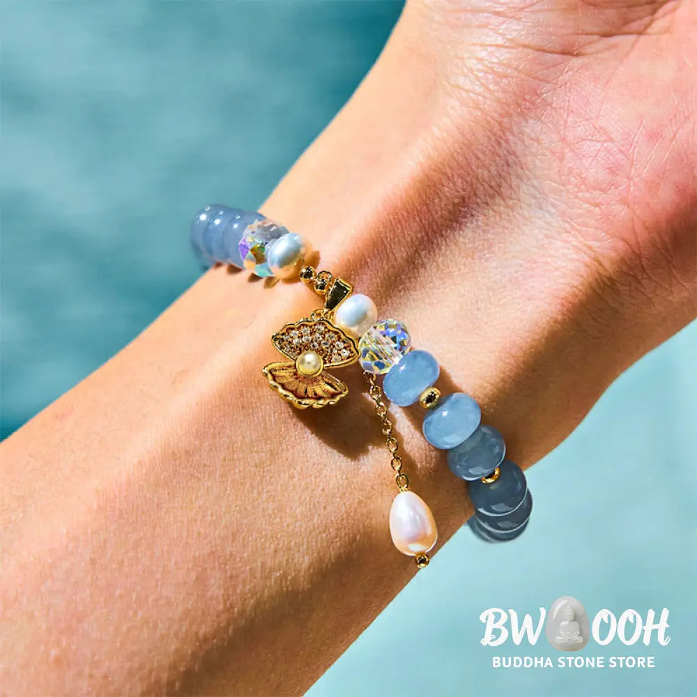 Buddha Stones Natural Aquamarine Pearl Shell Healing Bead Bracelet - BWOOOH - Aquamarine(Wrist Circumference: 15-16cm)