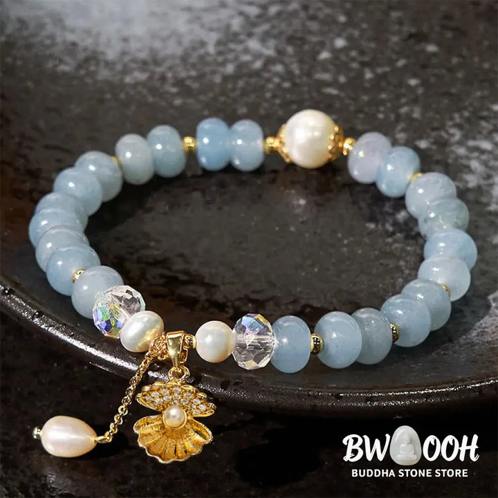 Buddha Stones Natural Aquamarine Pearl Shell Healing Bead Bracelet - BWOOOH - Aquamarine(Wrist Circumference: 15-16cm)