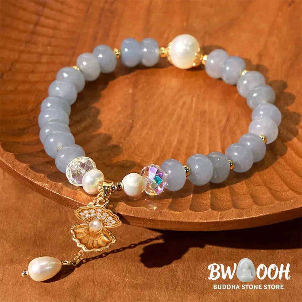 Buddha Stones Natural Aquamarine Pearl Shell Healing Bead Bracelet - BWOOOH - Aquamarine(Wrist Circumference: 15-16cm)