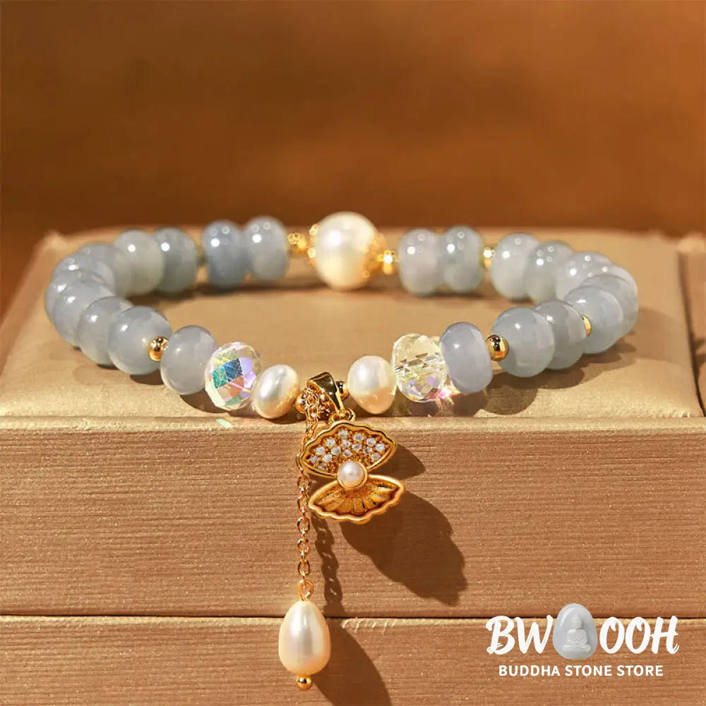 Buddha Stones Natural Aquamarine Pearl Shell Healing Bead Bracelet - BWOOOH - Aquamarine(Wrist Circumference: 15-16cm)