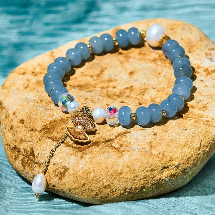 BWOOOH Natural Aquamarine Pearl Shell Healing Bead Bracelet — Aquamarine crystal healing bracelet for spiritual healing an...