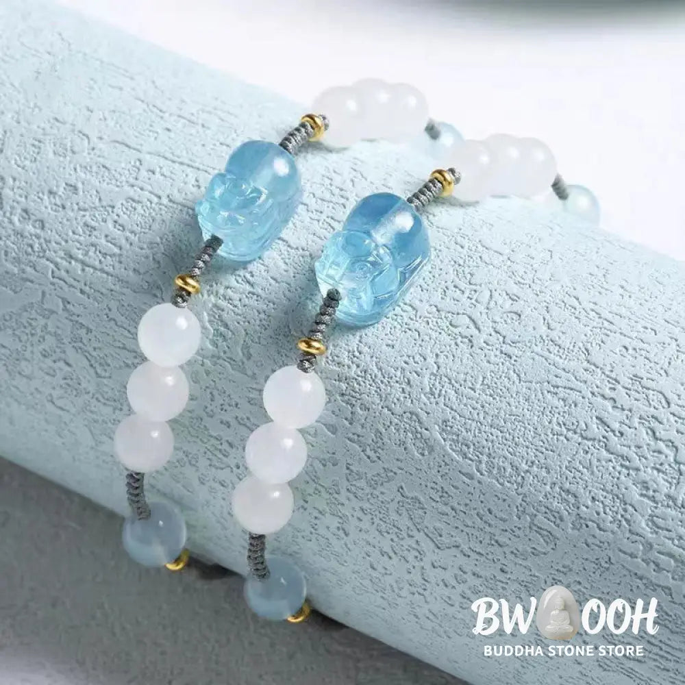 Buddha Stones Natural Aquamarine PiXiu Hetian White Jade Healing Bracelet - BWOOOH - Aquamarine&amp;Hetian White Jade