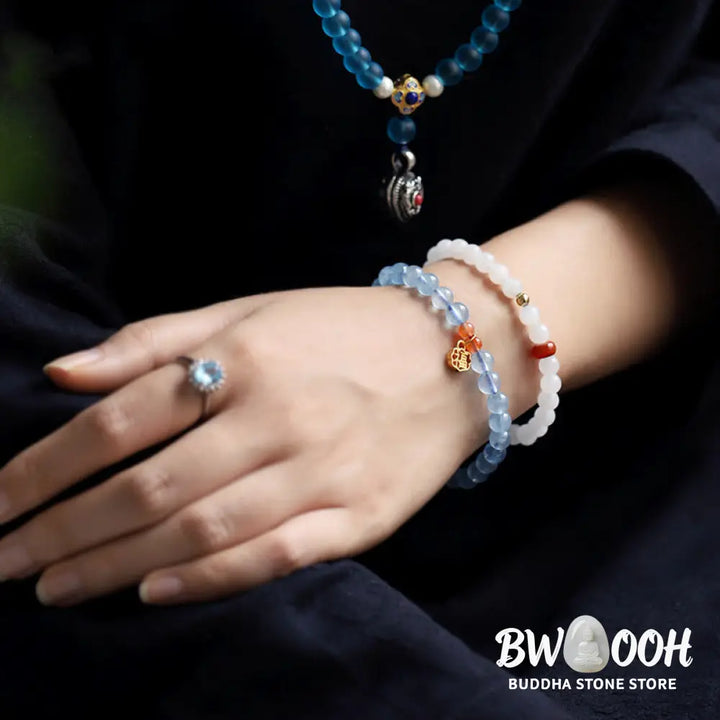 Buddha Stones Natural Aquamarine Red Agate Healing Charm Bracelet - BWOOOH - Aquamarine - Bracelet