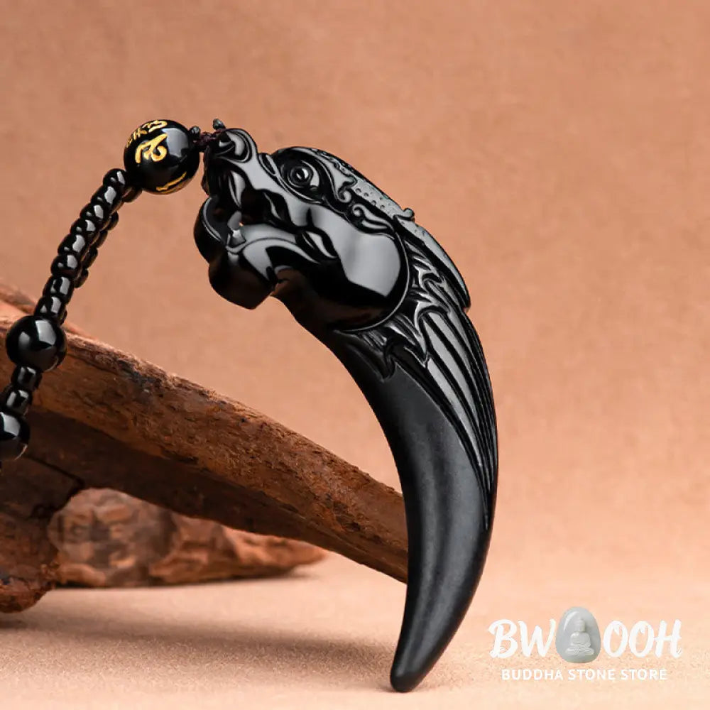Buddha Stones Natural Black Jade Chinese Zodiac Dragon Tooth Pattern Protection Necklace Pendant - BWOOOH - Black