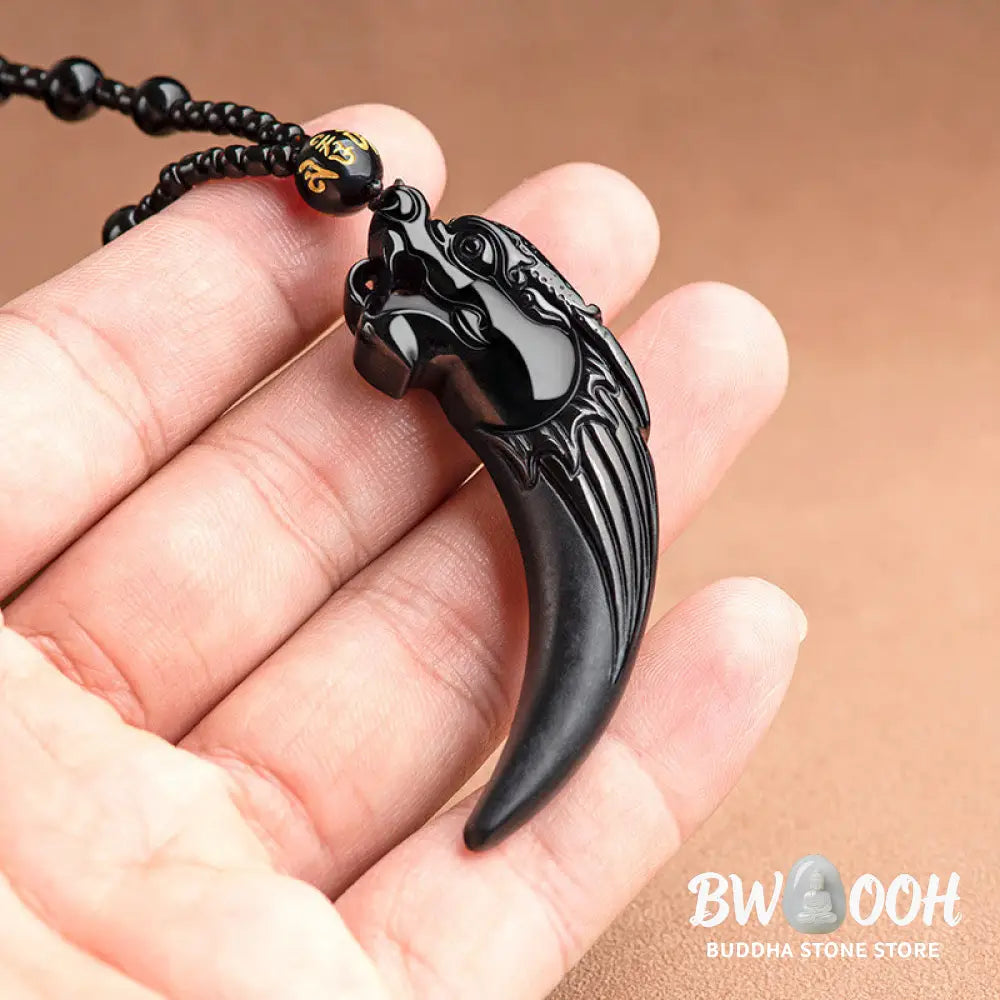 Buddha Stones Natural Black Jade Chinese Zodiac Dragon Tooth Pattern Protection Necklace Pendant - BWOOOH - Black