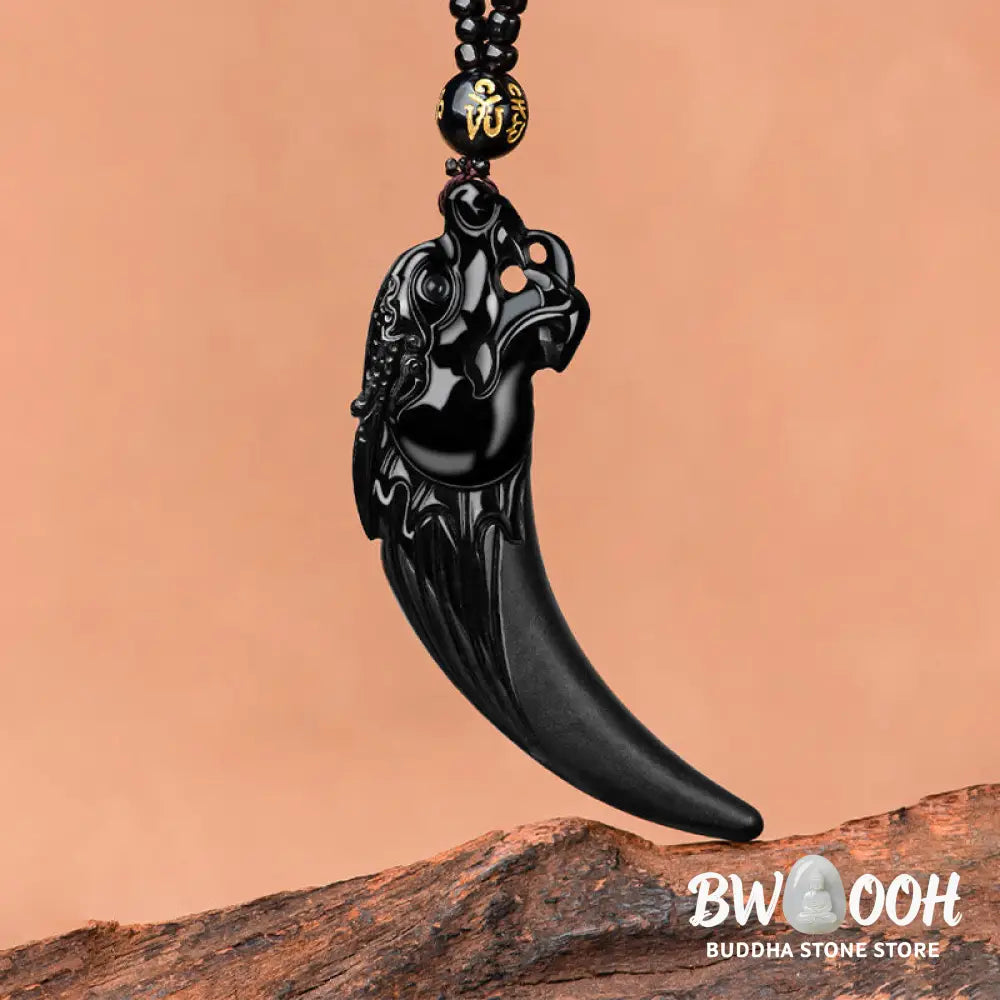 Buddha Stones Natural Black Jade Chinese Zodiac Dragon Tooth Pattern Protection Necklace Pendant - BWOOOH - Black