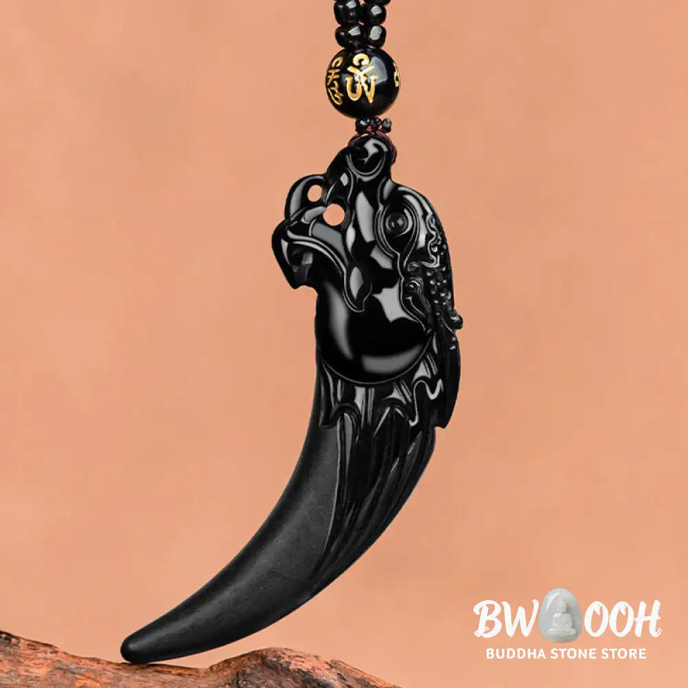 Buddha Stones Natural Black Jade Chinese Zodiac Dragon Tooth Pattern Protection Necklace Pendant - BWOOOH - Black