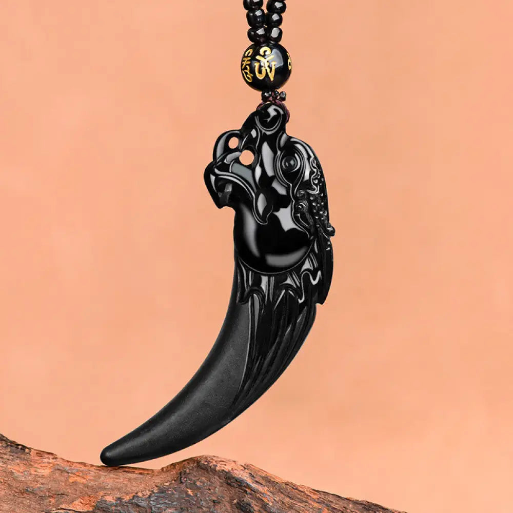 BWOOOH natural black jade Chinese zodiac dragon tooth pattern protection necklace pendant 45cm