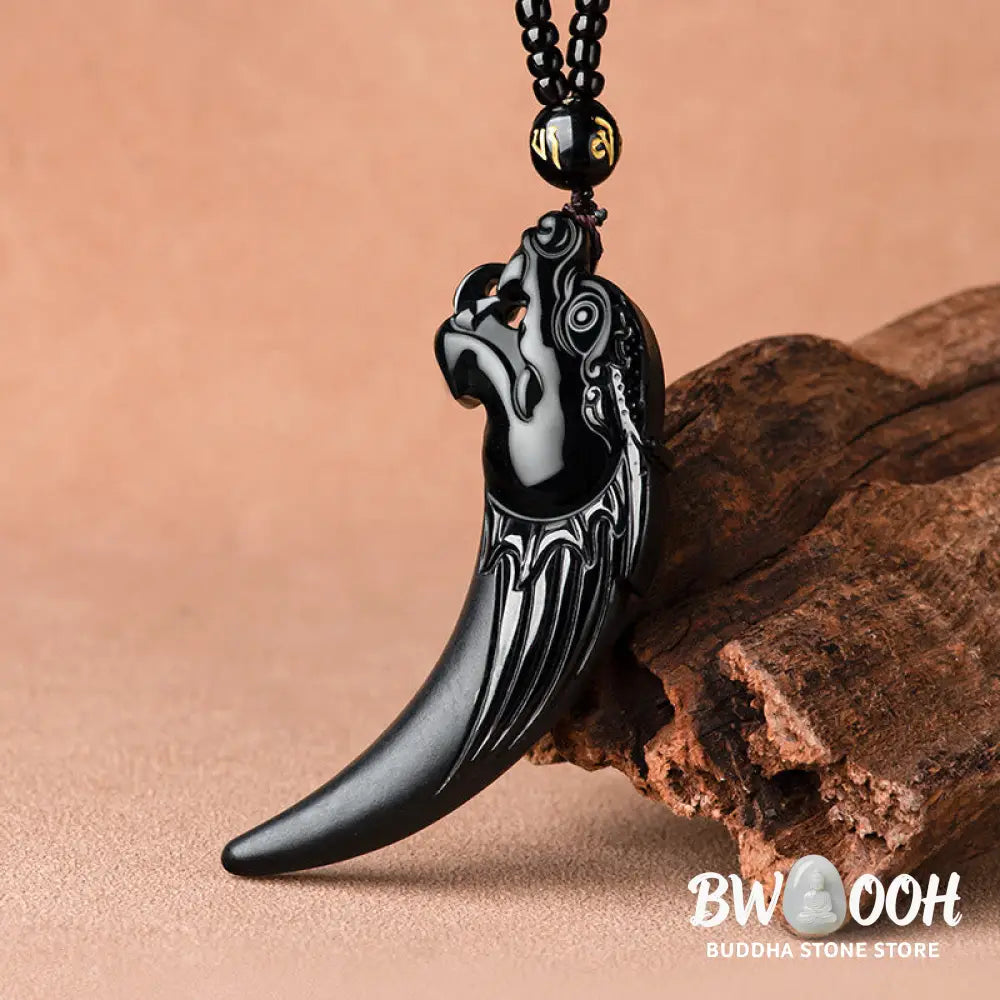 Buddha Stones Natural Black Jade Chinese Zodiac Dragon Tooth Pattern Protection Necklace Pendant - BWOOOH - Black
