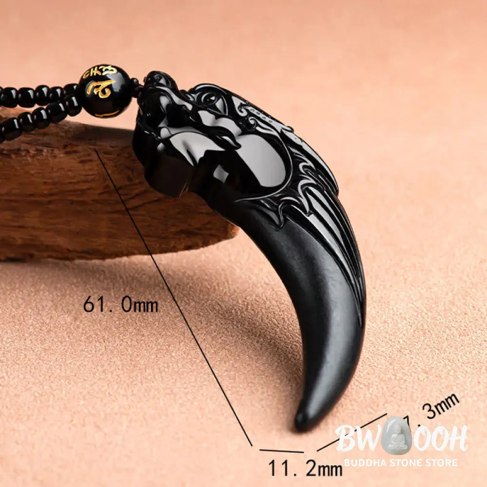 Buddha Stones Natural Black Jade Chinese Zodiac Dragon Tooth Pattern Protection Necklace Pendant - BWOOOH - Black