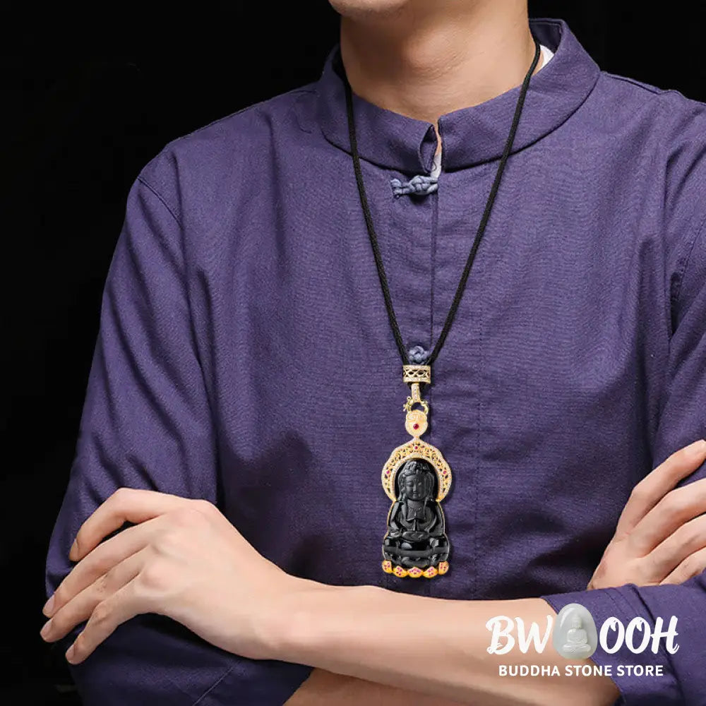 Buddha Stones Natural Black Jade Kwan Yin Avalokitesvara Wealth Titanium Steel Chain Necklace Pendant - BWOOOH - Black