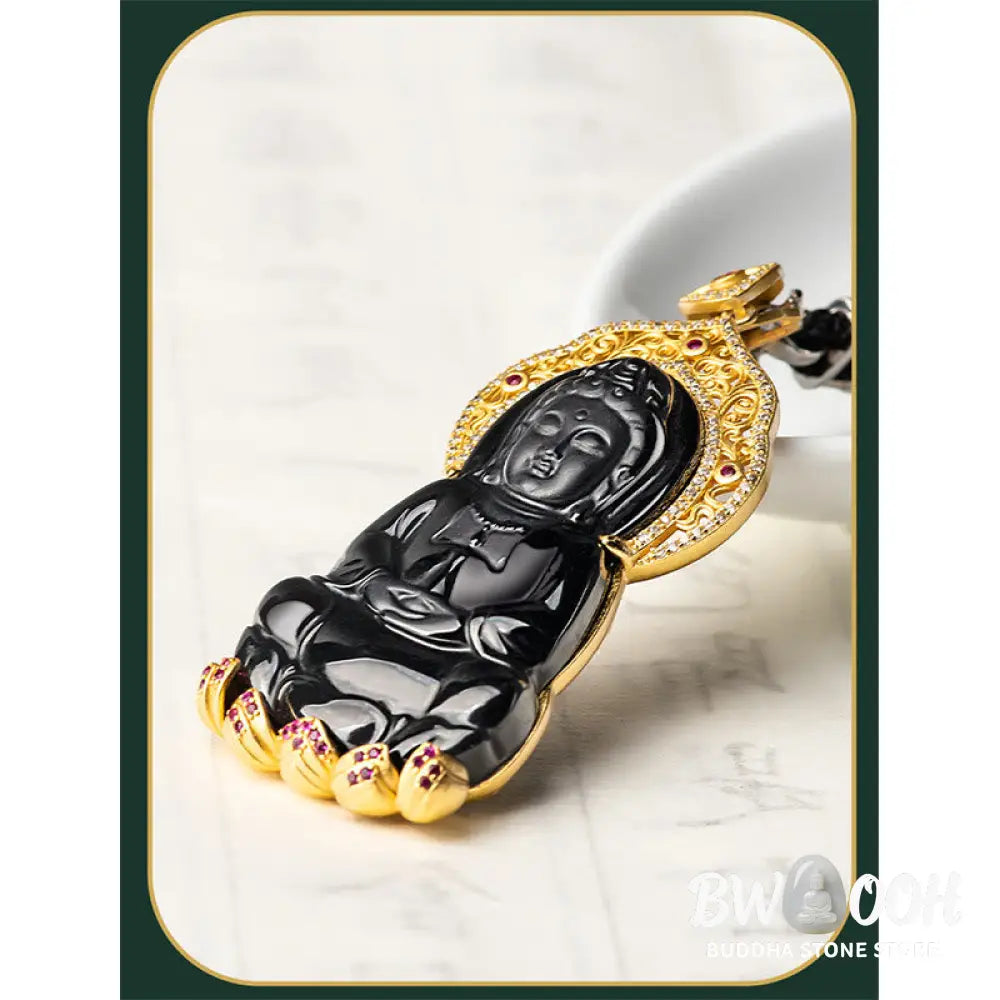 Buddha Stones Natural Black Jade Kwan Yin Avalokitesvara Wealth Titanium Steel Chain Necklace Pendant - BWOOOH - Black