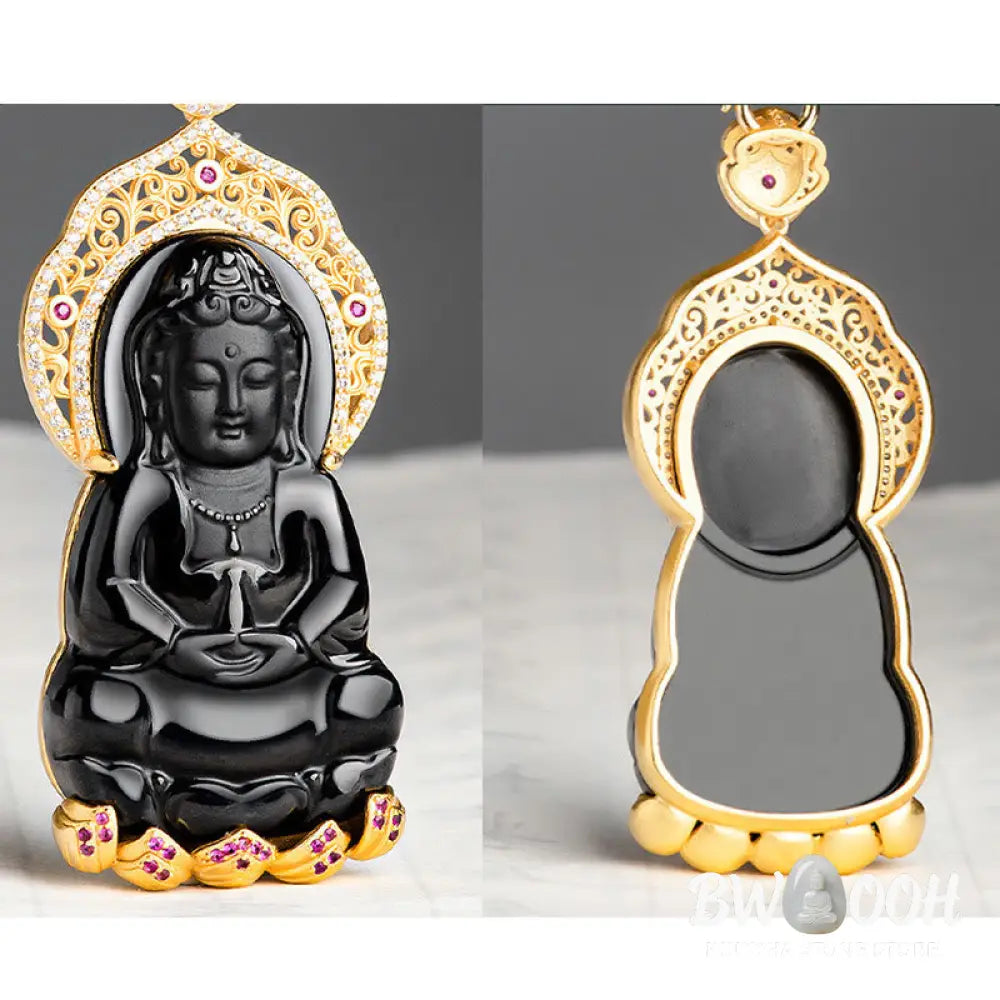 Buddha Stones Natural Black Jade Kwan Yin Avalokitesvara Wealth Titanium Steel Chain Necklace Pendant - BWOOOH - Black