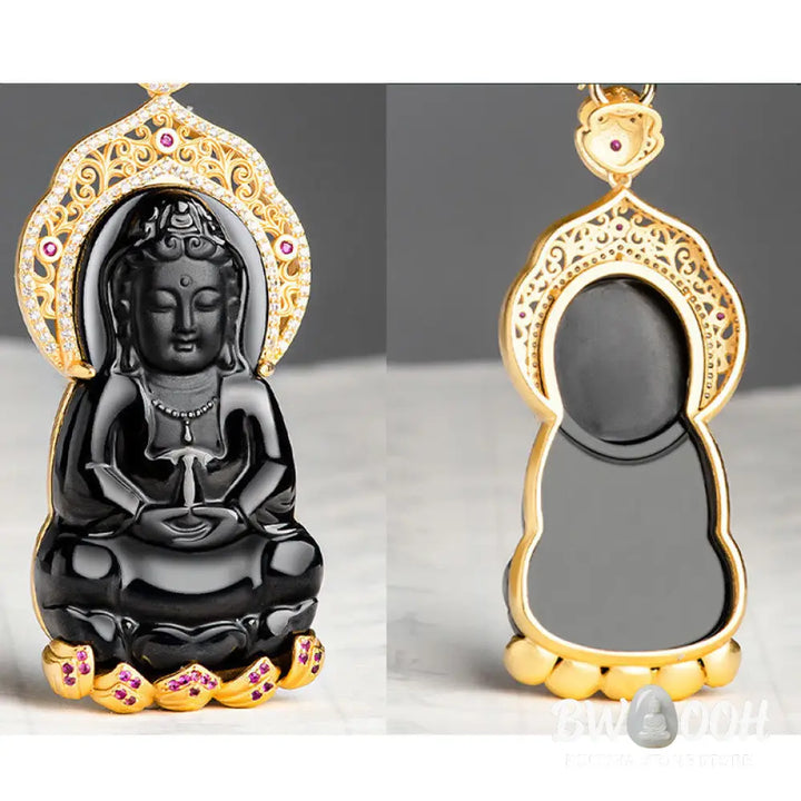 Buddha Stones Natural Black Jade Kwan Yin Avalokitesvara Wealth Titanium Steel Chain Necklace Pendant - BWOOOH - Black