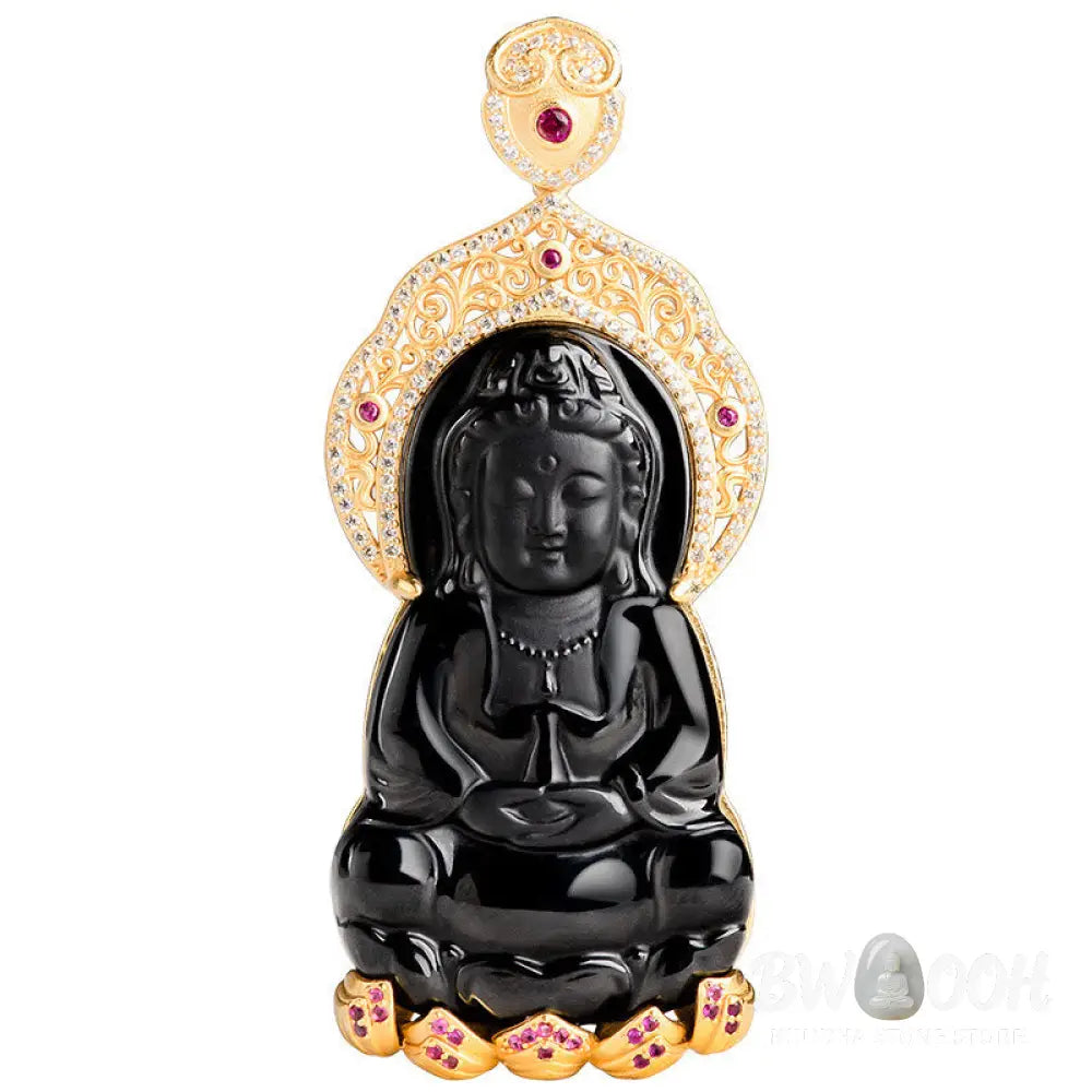 Buddha Stones Natural Black Jade Kwan Yin Avalokitesvara Wealth Titanium Steel Chain Necklace Pendant - BWOOOH - Black