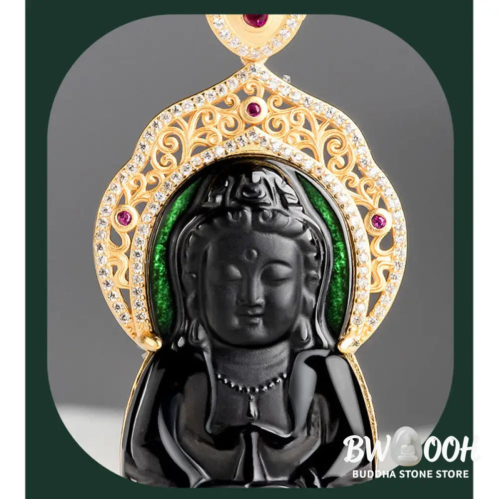 Buddha Stones Natural Black Jade Kwan Yin Avalokitesvara Wealth Titanium Steel Chain Necklace Pendant - BWOOOH - Black