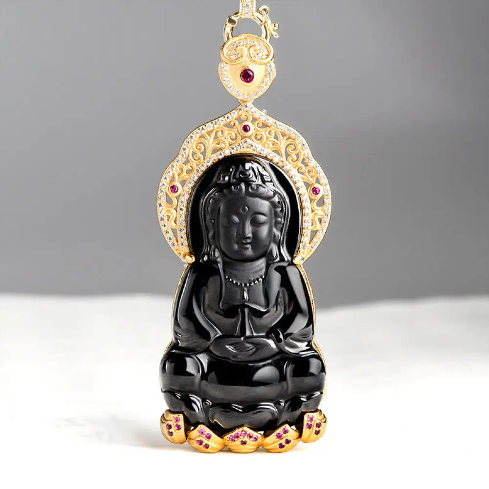 Buddha Stones Natural Black Jade Kwan Yin Avalokitesvara Wealth Titanium Steel Chain Necklace Pendant - BWOOOH - Black