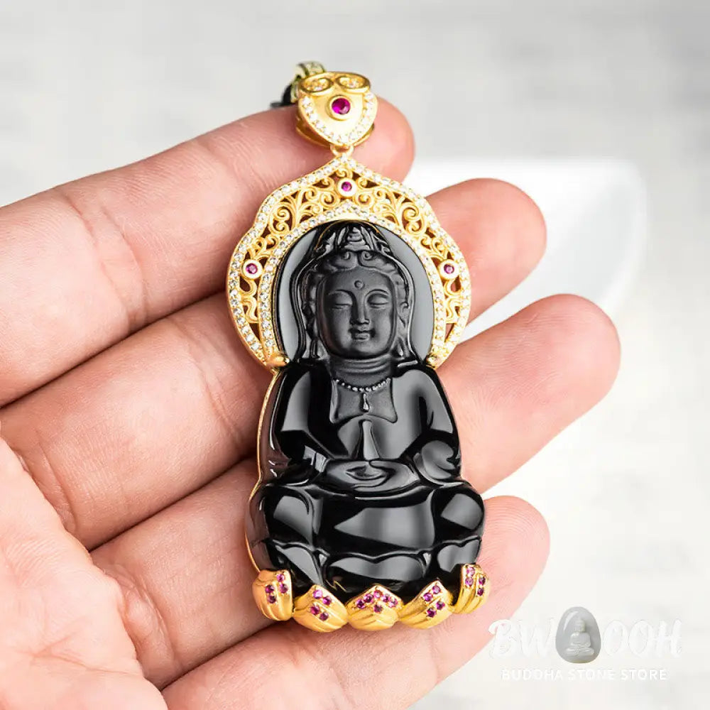 Buddha Stones Natural Black Jade Kwan Yin Avalokitesvara Wealth Titanium Steel Chain Necklace Pendant - BWOOOH - Black