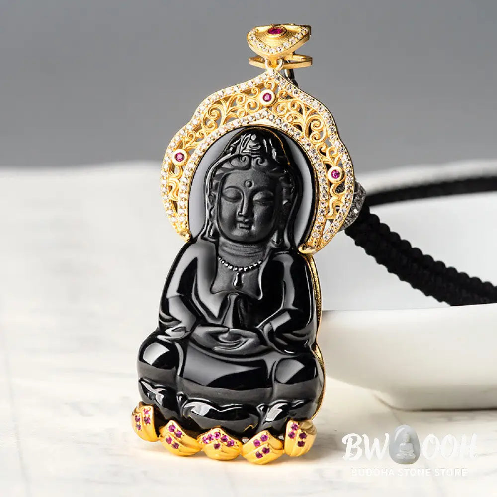 Buddha Stones Natural Black Jade Kwan Yin Avalokitesvara Wealth Titanium Steel Chain Necklace Pendant - BWOOOH - Black