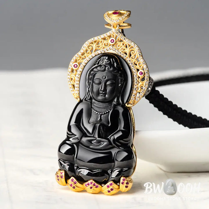 Buddha Stones Natural Black Jade Kwan Yin Avalokitesvara Wealth Titanium Steel Chain Necklace Pendant - BWOOOH - Black