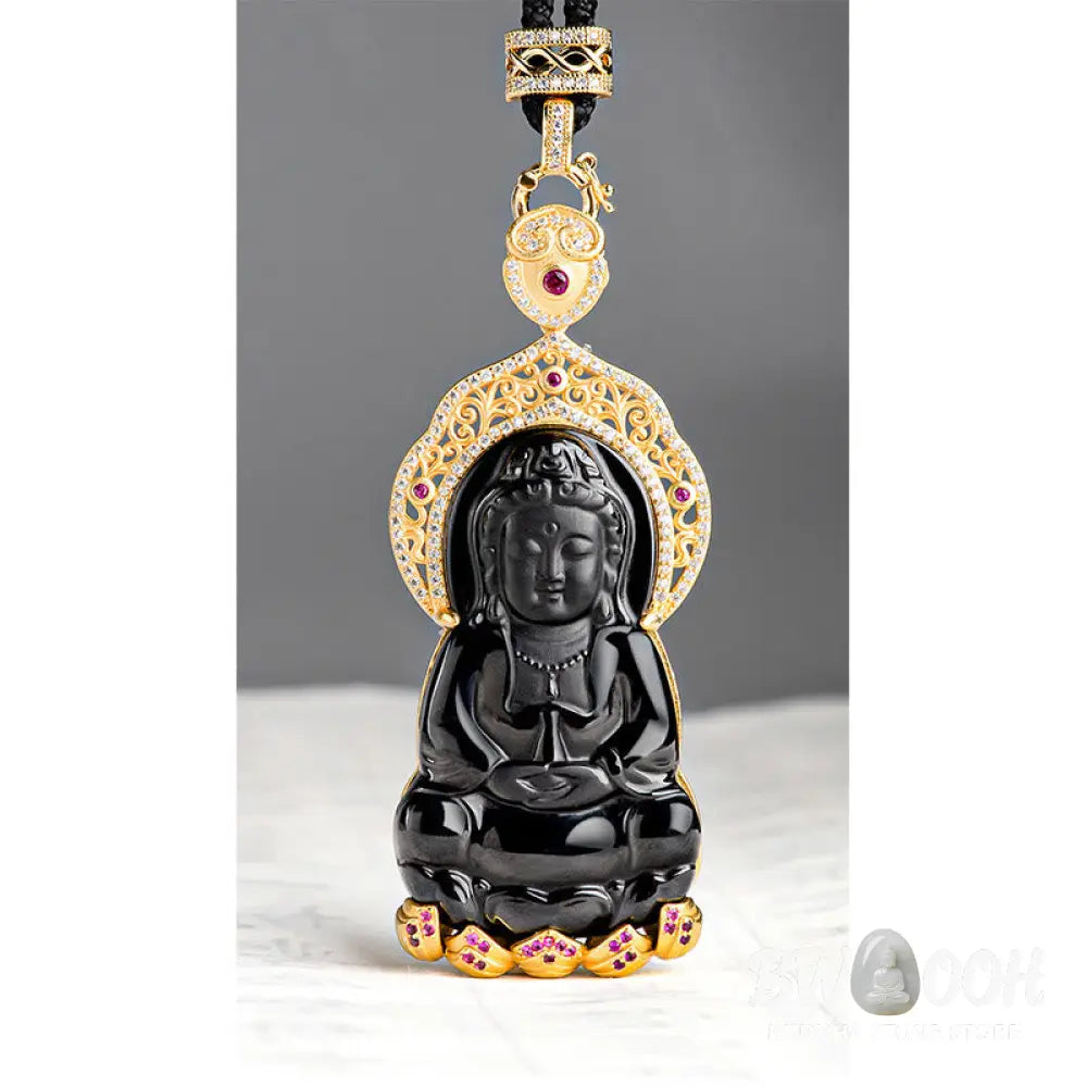Buddha Stones Natural Black Jade Kwan Yin Avalokitesvara Wealth Titanium Steel Chain Necklace Pendant - BWOOOH - Black