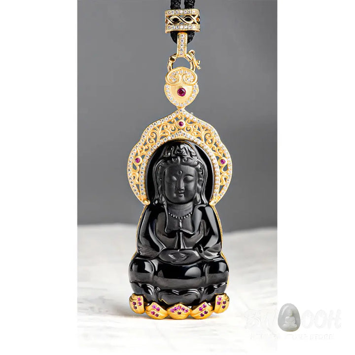 Buddha Stones Natural Black Jade Kwan Yin Avalokitesvara Wealth Titanium Steel Chain Necklace Pendant - BWOOOH - Black