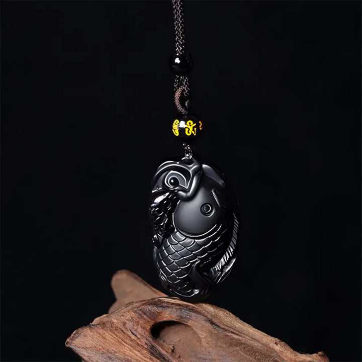 Buddha Stones Natural Black Obsidian Amphioxus Strength Necklace Pendant - BWOOOH - Black Obsidian - Necklaces &amp;