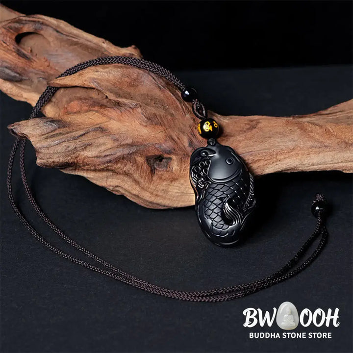 Buddha Stones Natural Black Obsidian Amphioxus Strength Necklace Pendant - BWOOOH - Black Obsidian - Necklaces &amp;