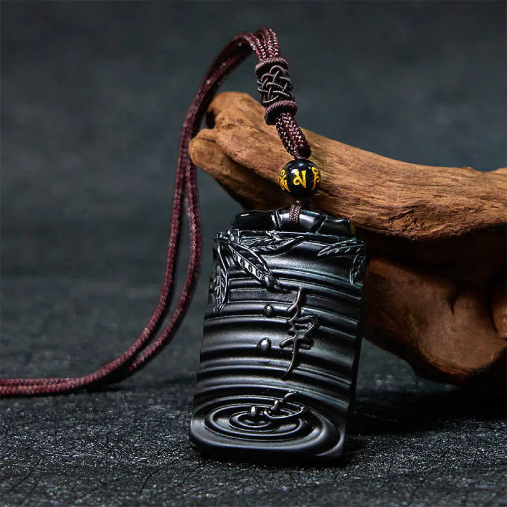 Buddha Stones Natural Black Obsidian Bamboo Fulfillment Necklace Pendant - BWOOOH - Black Obsidian - Necklaces &