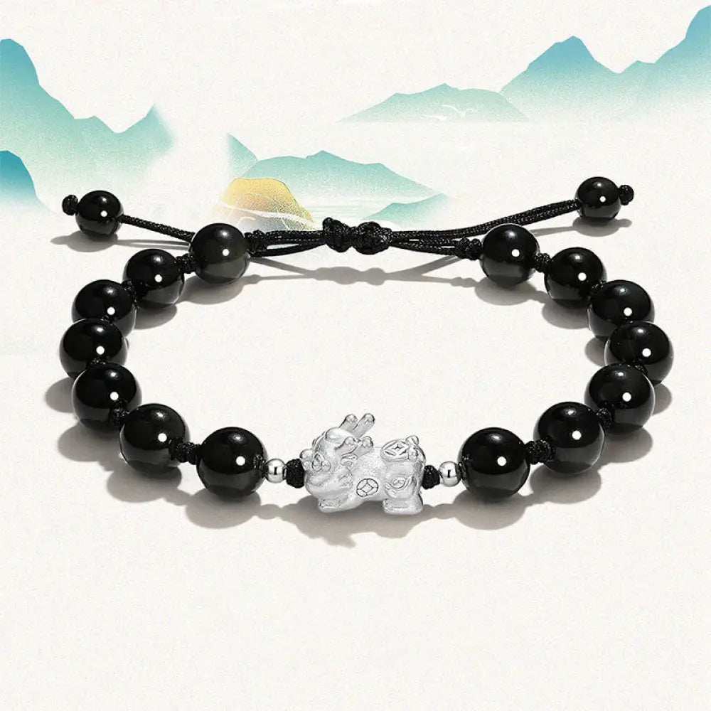 BWOOOH Natural Black Obsidian Cat’s Eye Pink Crystal PiXiu Strength Bracelet - BWOOOH - Black Obsidian
