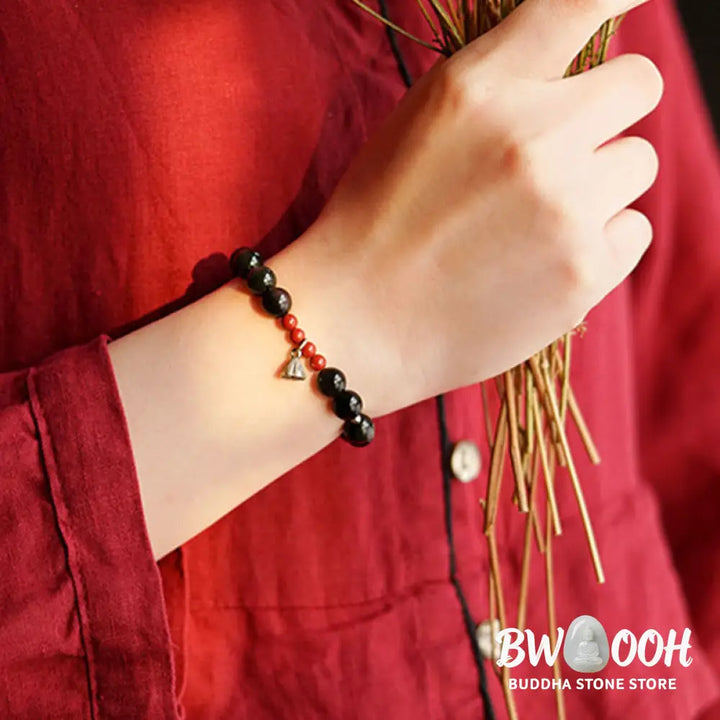 Buddha Stones Natural Black Obsidian Cinnabar Lotus Charm Strength Fulfillment Bracelet - BWOOOH - Bracelet