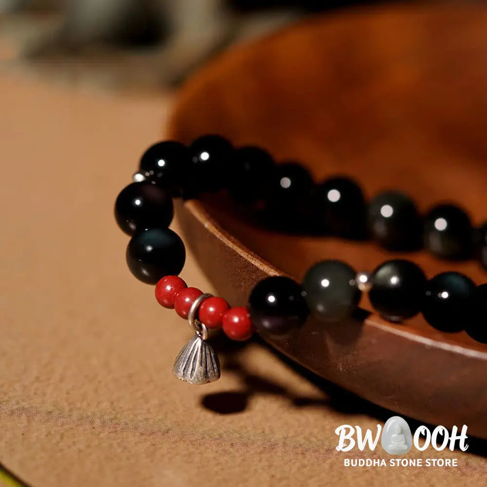Buddha Stones Natural Black Obsidian Cinnabar Lotus Charm Strength Fulfillment Bracelet - BWOOOH - Bracelet