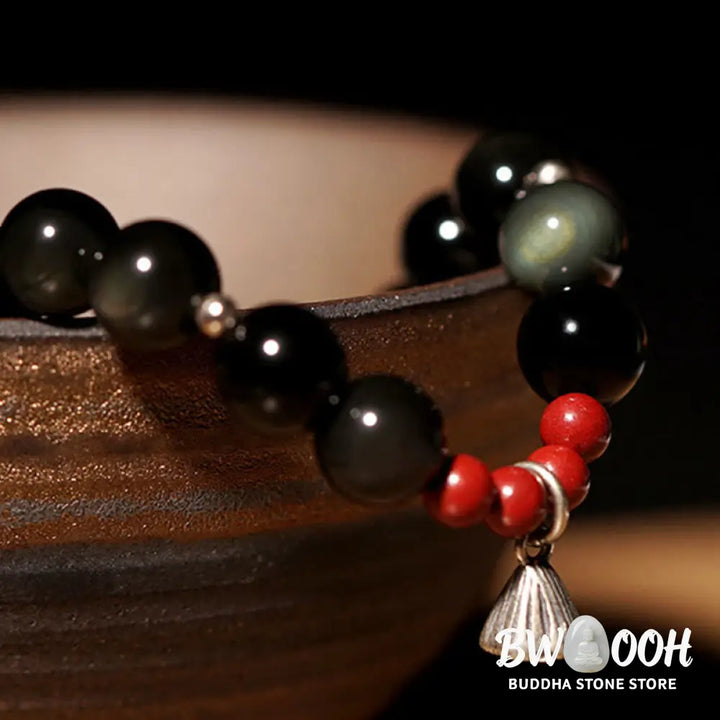 Buddha Stones Natural Black Obsidian Cinnabar Lotus Charm Strength Fulfillment Bracelet - BWOOOH - Bracelet