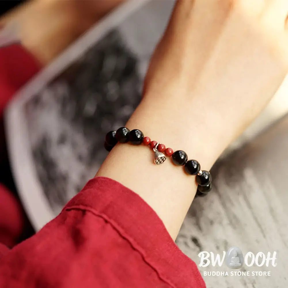 Buddha Stones Natural Black Obsidian Cinnabar Lotus Charm Strength Fulfillment Bracelet - BWOOOH - Bracelet