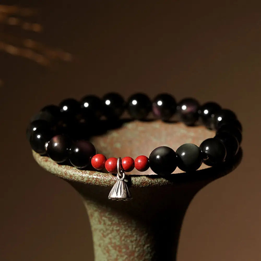 BWOOOH Natural Black Obsidian Cinnabar Lotus Charm Strength Fulfillment Bracelet - BWOOOH - 6mm(Wrist