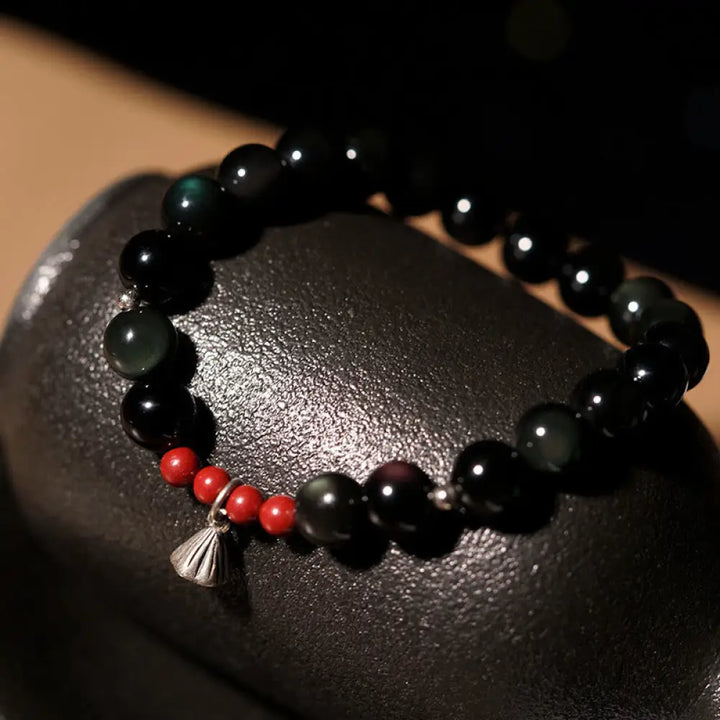 Buddha Stones Natural Black Obsidian Cinnabar Lotus Charm Strength Fulfillment Bracelet - BWOOOH - 8mm(Wrist