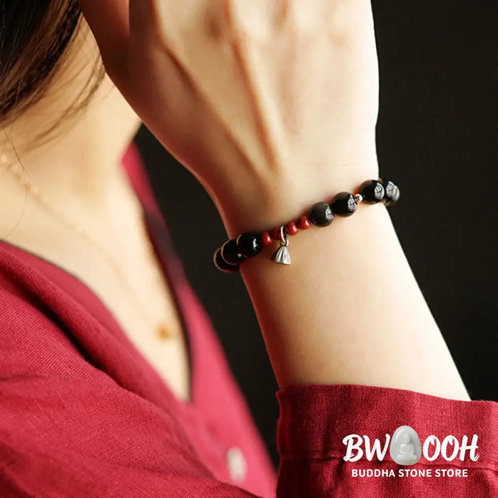 Buddha Stones Natural Black Obsidian Cinnabar Lotus Charm Strength Fulfillment Bracelet - BWOOOH - Bracelet