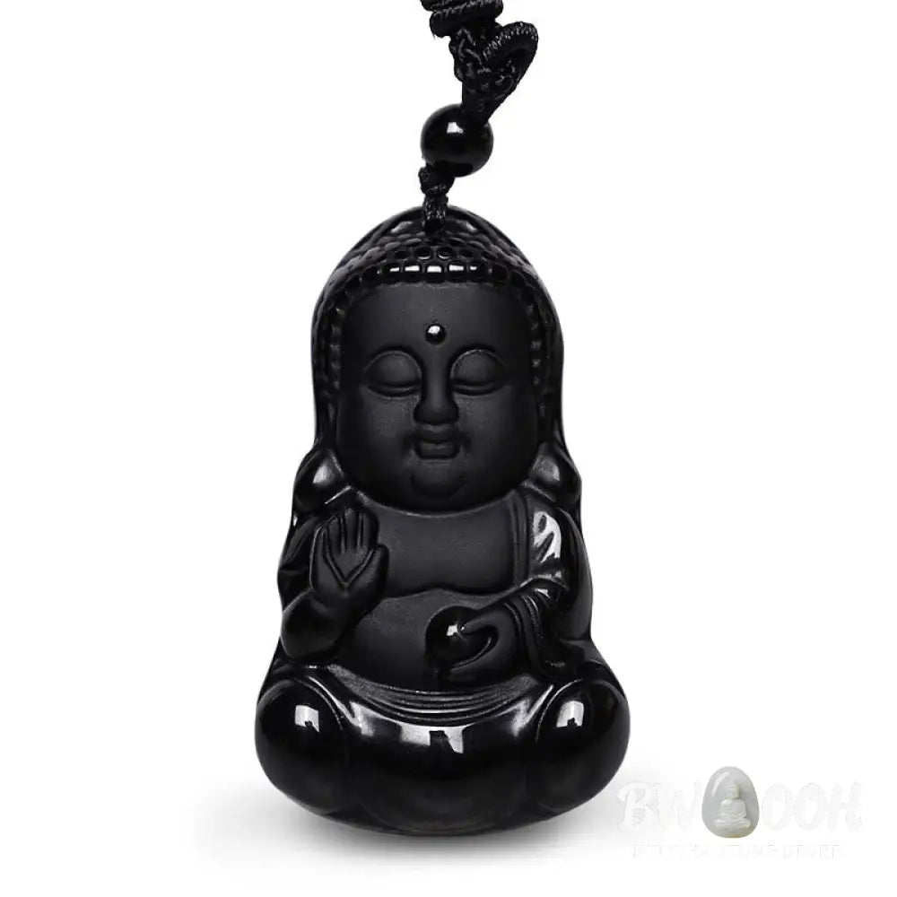 A BWOOOH Natural Black Obsidian Crystal Buddha Strength Protection Amulet Lucky Charm Pendant Necklace, featuring a 5.3x3.1cm carved Buddha pendant on a 64cm perimeter necklace, against a neutral background. - View 2