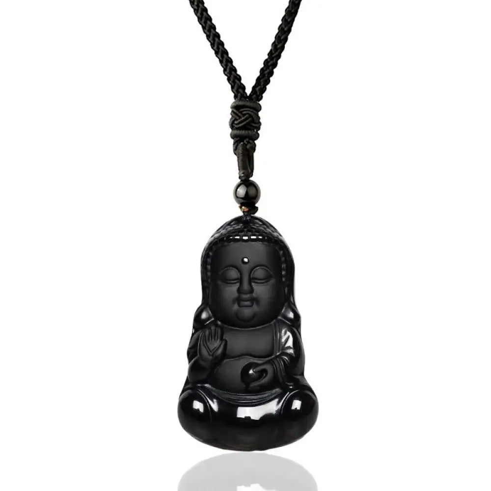 A BWOOOH Natural Black Obsidian Crystal Buddha Strength Protection Amulet Lucky Charm Pendant Necklace, featuring a 5.3x3.1cm carved Buddha pendant on a 64cm perimeter necklace, against a neutral background.