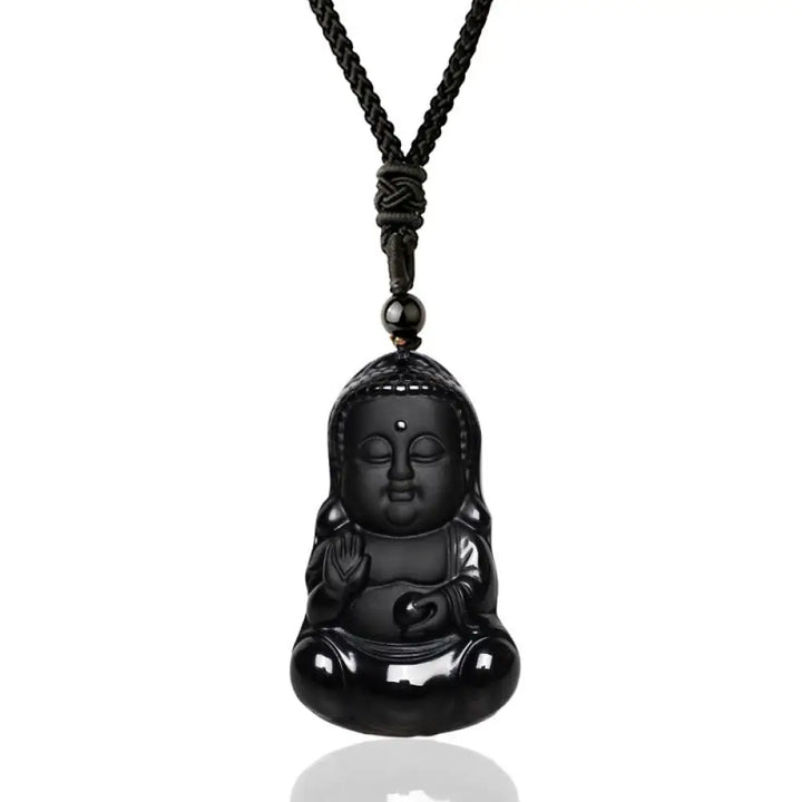 A BWOOOH Natural Black Obsidian Crystal Buddha Strength Protection Amulet Lucky Charm Pendant Necklace, featuring a 5.3x3.1cm carved Buddha pendant on a 64cm perimeter necklace, against a neutral background.
