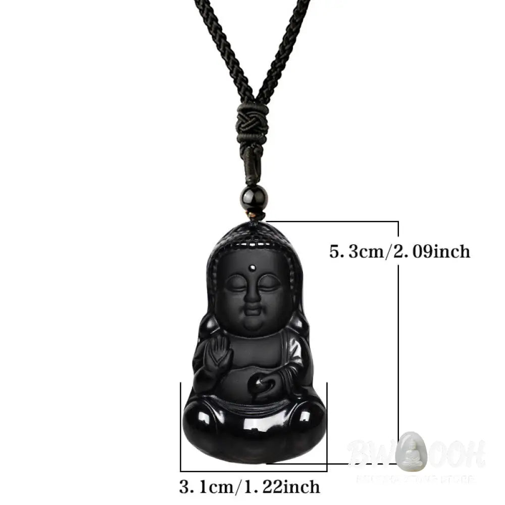 A BWOOOH Natural Black Obsidian Crystal Buddha Strength Protection Amulet Lucky Charm Pendant Necklace, featuring a 5.3x3.1cm carved Buddha pendant on a 64cm perimeter necklace, against a neutral background. - View 6