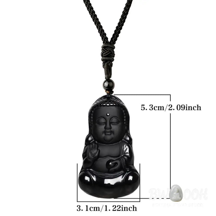 A BWOOOH Natural Black Obsidian Crystal Buddha Strength Protection Amulet Lucky Charm Pendant Necklace, featuring a 5.3x3.1cm carved Buddha pendant on a 64cm perimeter necklace, against a neutral background. - View 6